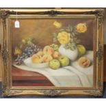 A. Loder - Still Life of Roses, Peaches, Apples and Grapes on a Table, 20th century oil on canvas,