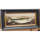 J. Wood - Fish in a Landscape with Viaduct, 20th century oil on board with collage, signed, 23.5cm x