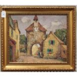 Henry Ludlow - Continental Village Scene with Gateway and Cottage, 20th century oil on board,