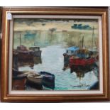 Terry Burke - 'Pattern of Boats', late 20th century oil on canvas, signed recto, titled verso,