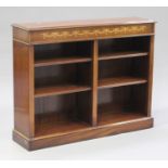 A late 20th century reproduction mahogany open bookcase, inlaid with foliate swags and crossbanded