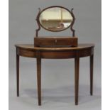 A George III mahogany demi-lune side table, on square tapering legs, width 107cm, together with a