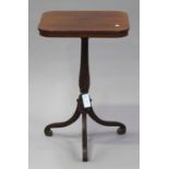 A Regency mahogany tip-top wine table, the curved square top with ebony stringing above a spiral