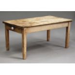 A Victorian pine rectangular kitchen table, fitted with a single drawer, on block legs, height 72cm,