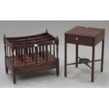A 20th century reproduction mahogany music Canterbury and a mahogany occasional table with 'X'