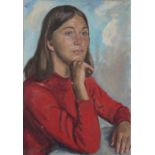 Leonard John Fuller - Half Length Portrait of a Lady wearing a Red Jumper, 20th century oil on