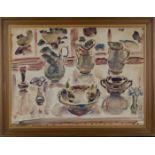 George Hooper - Still Life of Jugs, Vases and Fruit on a Ledge, watercolour, signed and dated