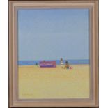 Lionel Bulmer - 'A Windbreak and Bathers I', late 20th century oil on board, signed recto, titled