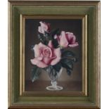 James Noble - 'Pink Roses', 20th century oil on canvas, signed recto, titled gallery label verso,