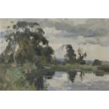 Edward Wesson - Landscape with Lake and Boat, 20th century oil on board, 49.5cm x 74.5cm, within a