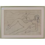 Edward Wolfe - Reclining Nude, 20th century pen and ink, signed, 29.5cm x 44cm, within a gilt