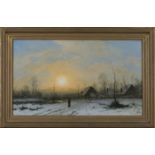 Frederick William Meyer - Winter Landscape with Figure and Houses at Sunset, oil on canvas, signed