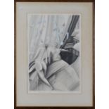 M.S. Palfrey - Two Figures on a Bed with a Skyline beyond, graphite with gouache, signed and dated