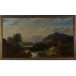 British School - Landscape with Cattle and Figure on a Bridge, with Mountains beyond, 19th century