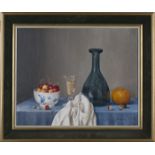 James Noble - 'Still Life with Cherries, Orange and Wine', 20th century oil on canvas, signed recto,