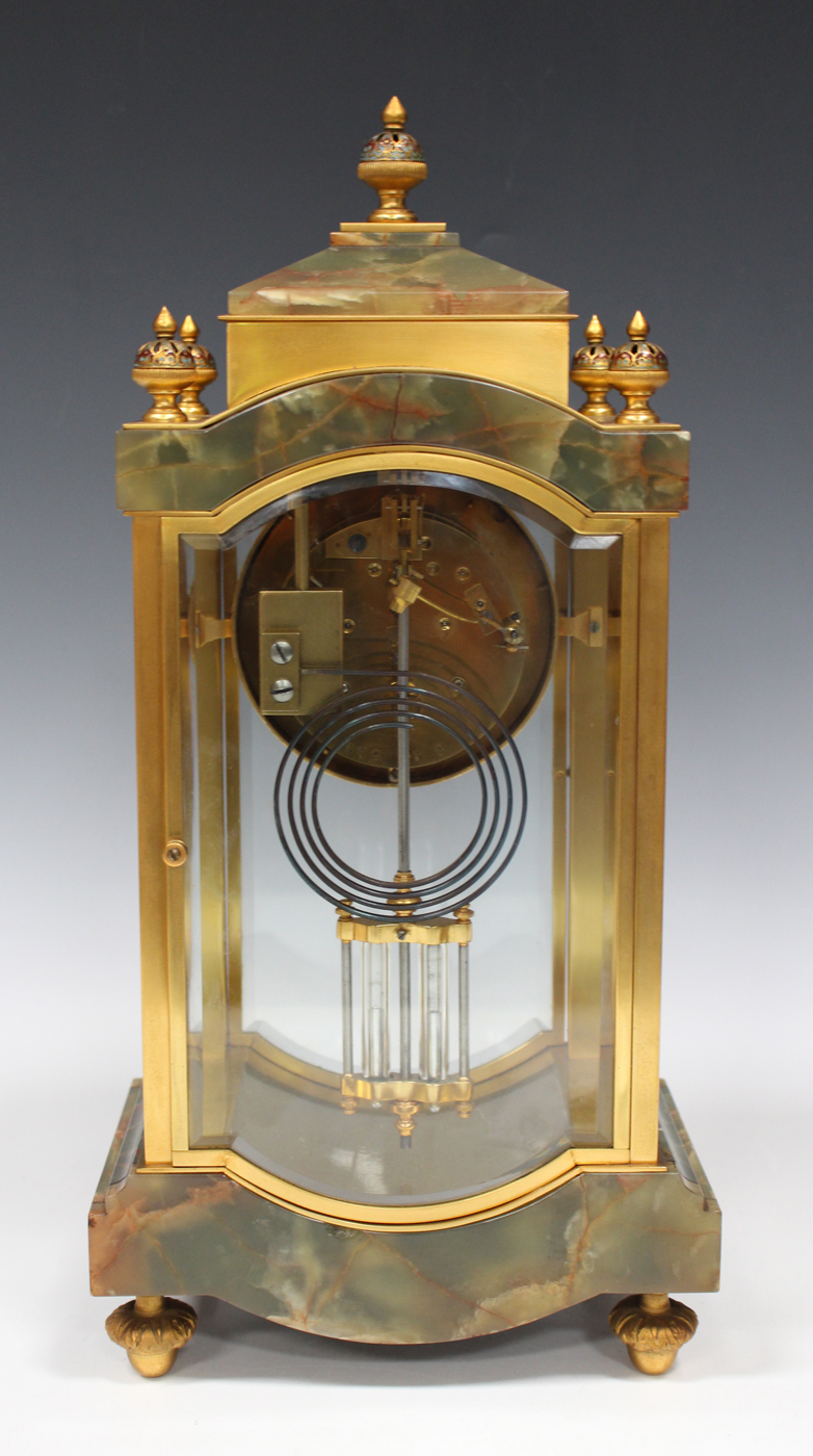 A late 19th century French gilt brass, champlevé enamel and onyx four glass mantel clock with - Image 2 of 6