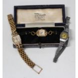 A Roamer gilt metal fronted square cased lady's wristwatch, on a black cord strap, case width 1.4cm,
