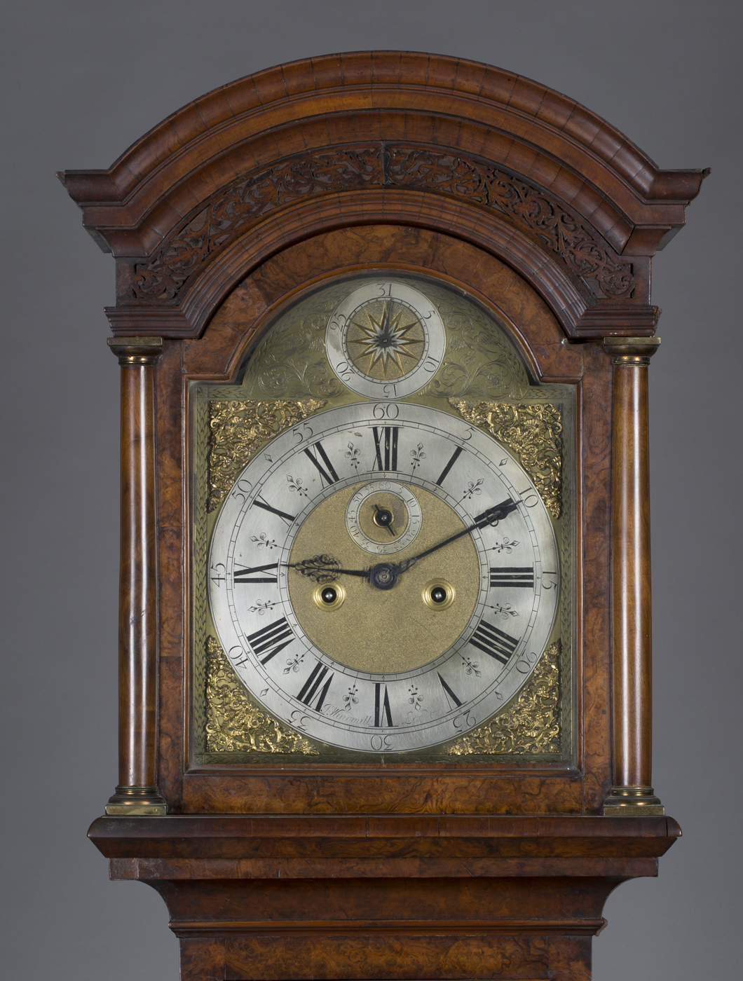 An early 18th century burr walnut longcase clock with brass five-pillar eight day movement - Image 9 of 9