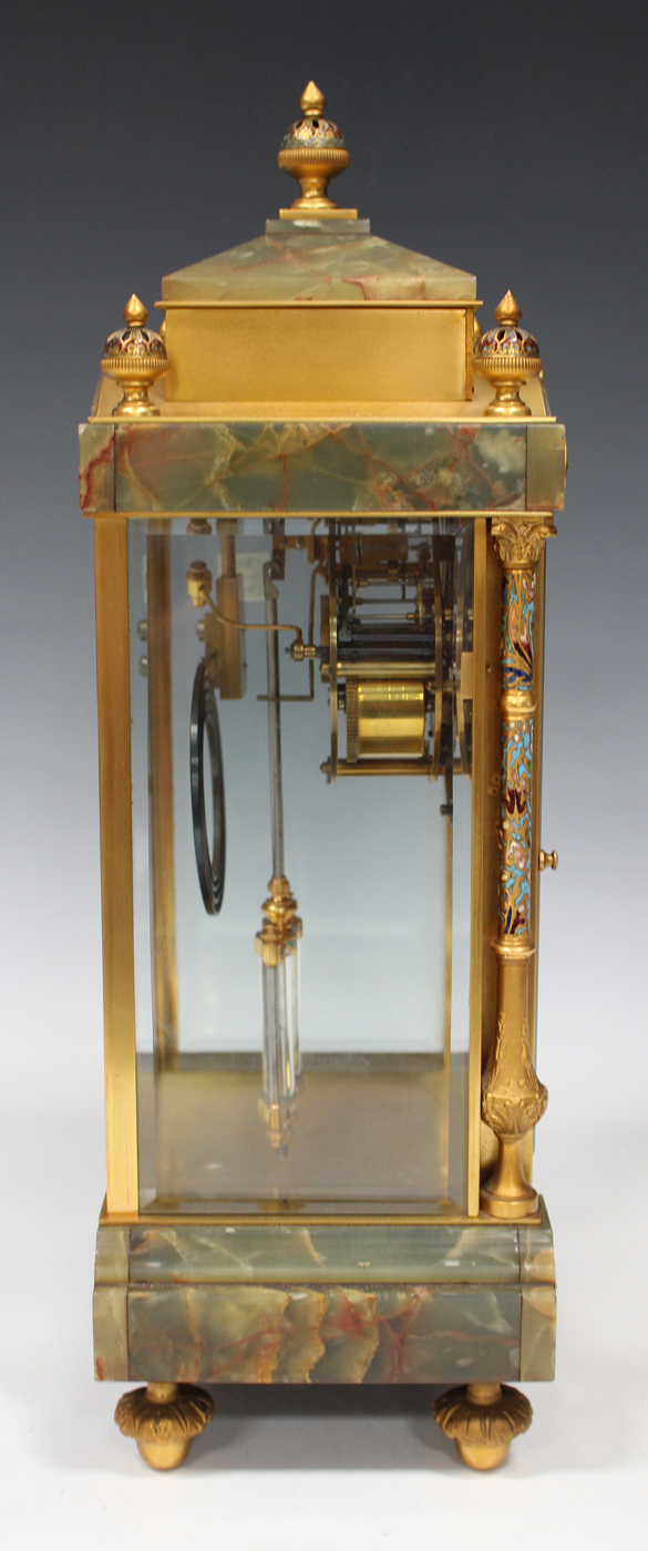 A late 19th century French gilt brass, champlevé enamel and onyx four glass mantel clock with - Image 5 of 6