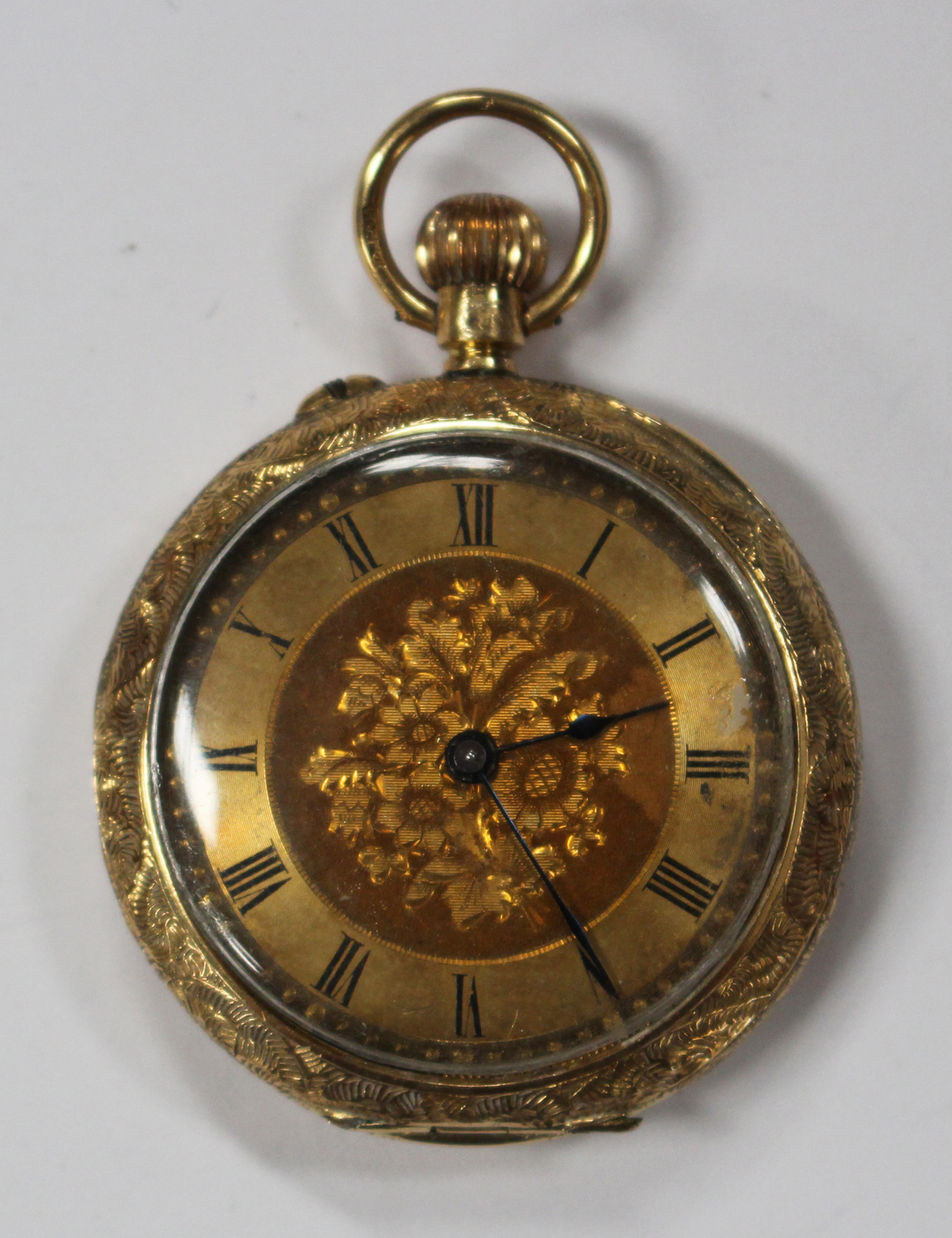 An 18ct gold keyless wind open-faced lady's fob watch, with a gilt cylinder movement, the case