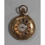 A gold keyless wind half-hunting cased lady's fob watch, with an unsigned gilt cylinder movement,