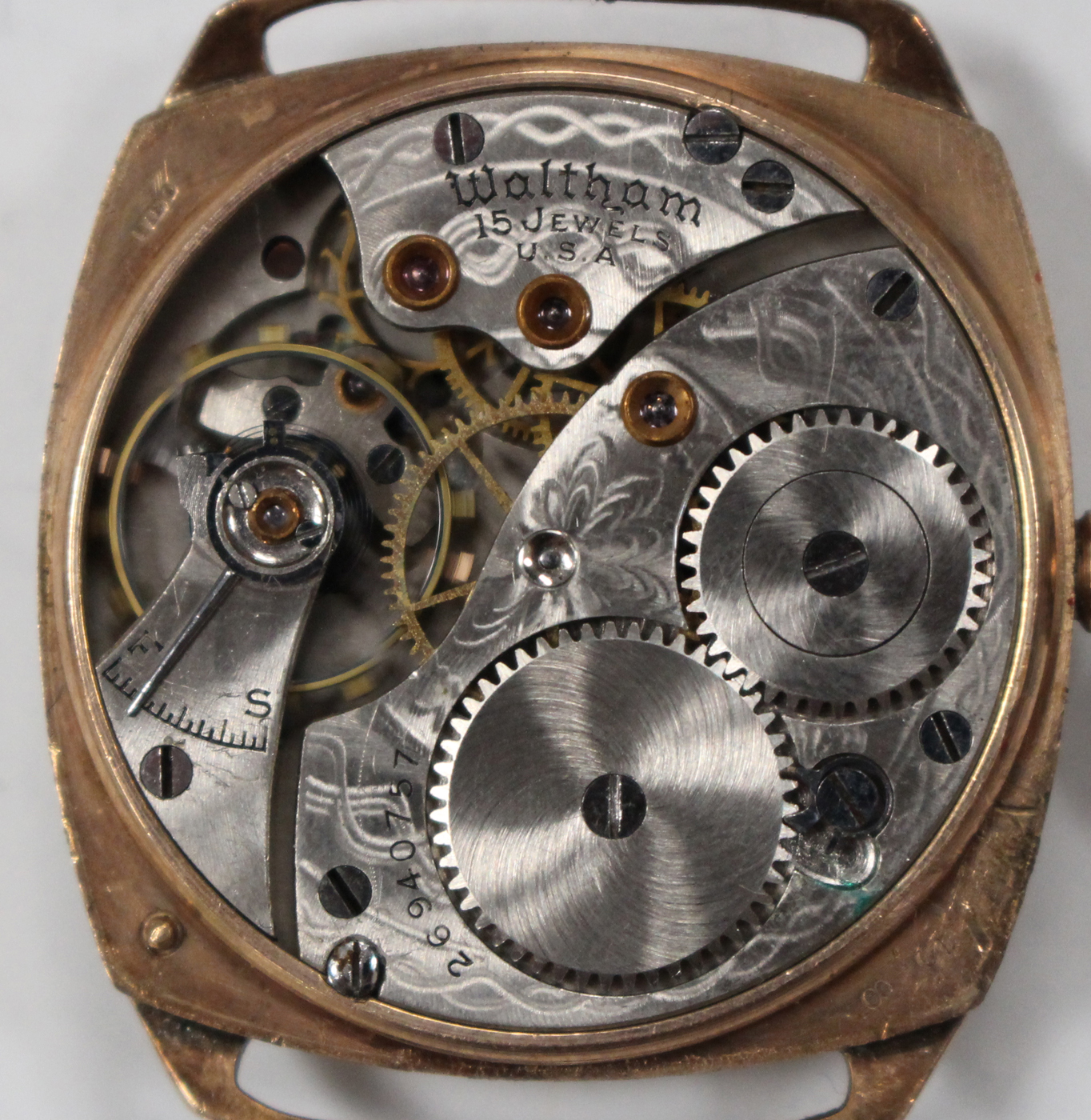 A Waltham 9ct gold cushion cased gentleman's wristwatch, with a signed jewelled movement, - Image 3 of 4