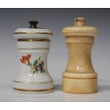 A Meissen porcelain pepper mill, early 20th century, painted with flowers within gilt banding,