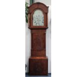 A Victorian mahogany longcase clock with eight day movement striking on a bell, the painted arch