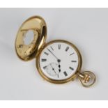 An 18ct gold keyless wind half-hunting cased gentleman's pocket watch, with a gilt jewelled lever