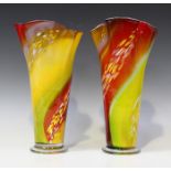 A pair of multi-layered Baijan glass vases, 20th century, designed by Essie Zareh, each with wavy