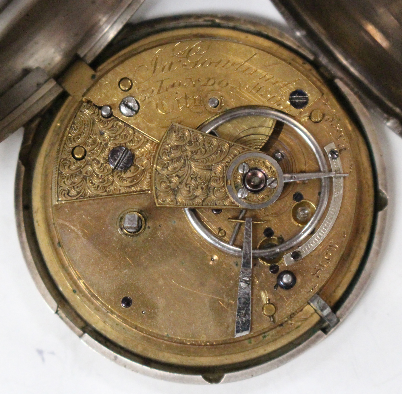 A silver keywind hunting cased pocket watch with a gilt fusee movement, London 1858, case diameter - Image 5 of 5
