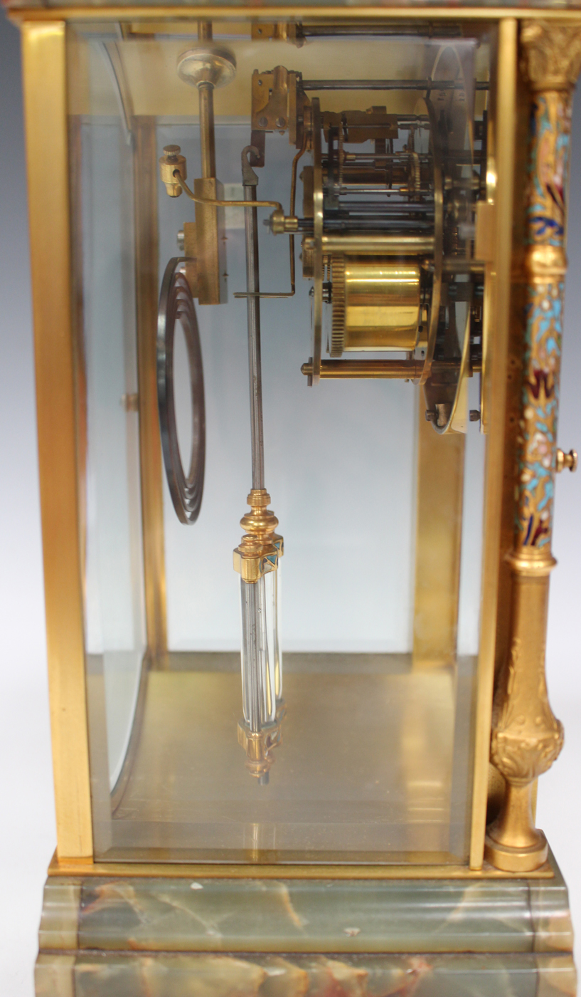 A late 19th century French gilt brass, champlevé enamel and onyx four glass mantel clock with - Image 4 of 6