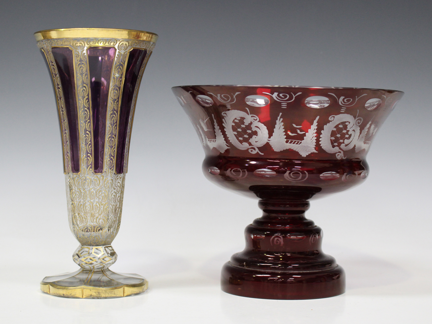 A Moser amethyst and clear glass vase, early 20th century, the faceted tapering body with amethyst