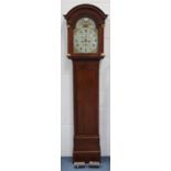 A George III Scottish oak longcase clock with eight day movement striking on a bell, the painted