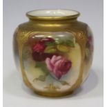 A Royal Worcester bone china posy vase, circa 1917, of globular form, painted with pink roses within