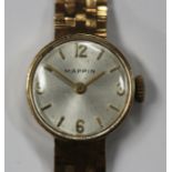 A Mappin 9ct gold lady's bracelet wristwatch, the signed circular silvered dial with gilt Arabic and