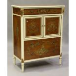 An early 20th century satinwood and floral painted bedroom cabinet, fitted with three drawers and