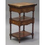 A 19th century Dutch floral marquetry walnut three-tier whatnot, the double-hinged top above two