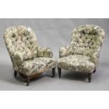 A pair of Victorian tub back armchairs, on turned legs, height 86cm, width 69cm.Buyer’s Premium 29.