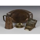 An Art Nouveau copper tappit lidded jug by J.S. & S., height 20cm, a similar copper tray and two