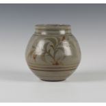 A Charles Vyse studio pottery vase, decorated in oxides with stylized fronds on a speckled grey
