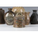 A Jane Hamlyn studio pottery salt glazed jar and cover, decorated in oxide glazes, impressed mark