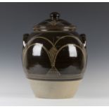 A large Chris Lewis studio pottery two-handled jar and cover, the tenmoku and oatmeal glazed ovoid