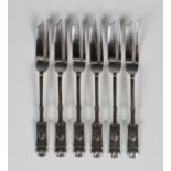 A set of six Liberty & Co 'Cymric' silver pastry forks, designed by Archibald Knox, the handles