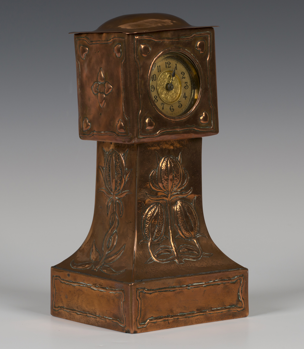 A late 19th/early 20th century Arts and Crafts copper mantel timepiece of longcase clock form, - Image 2 of 3
