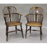 A harlequin set of ten 19th century yew, ash and elm Windsor armchairs, the spindle backs with