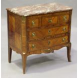 A late 19th/early 20th century Louis XVI style kingwood commode, the rouge marble top above three