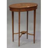 An Edwardian satinwood oval occasional table with painted decoration, on square tapering legs united