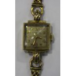 A Jaeger-LeCoultre 9ct gold square cased lady's bracelet wristwatch with a signed jewelled movement,