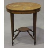 A late Victorian satinwood circular occasional table, the top inlaid with three sprays of lily-of-